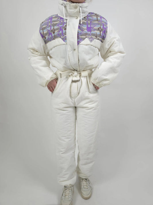 Retro White Snow Suit with Purple Detailing