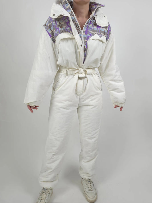 Retro White Snow Suit with Purple Detailing